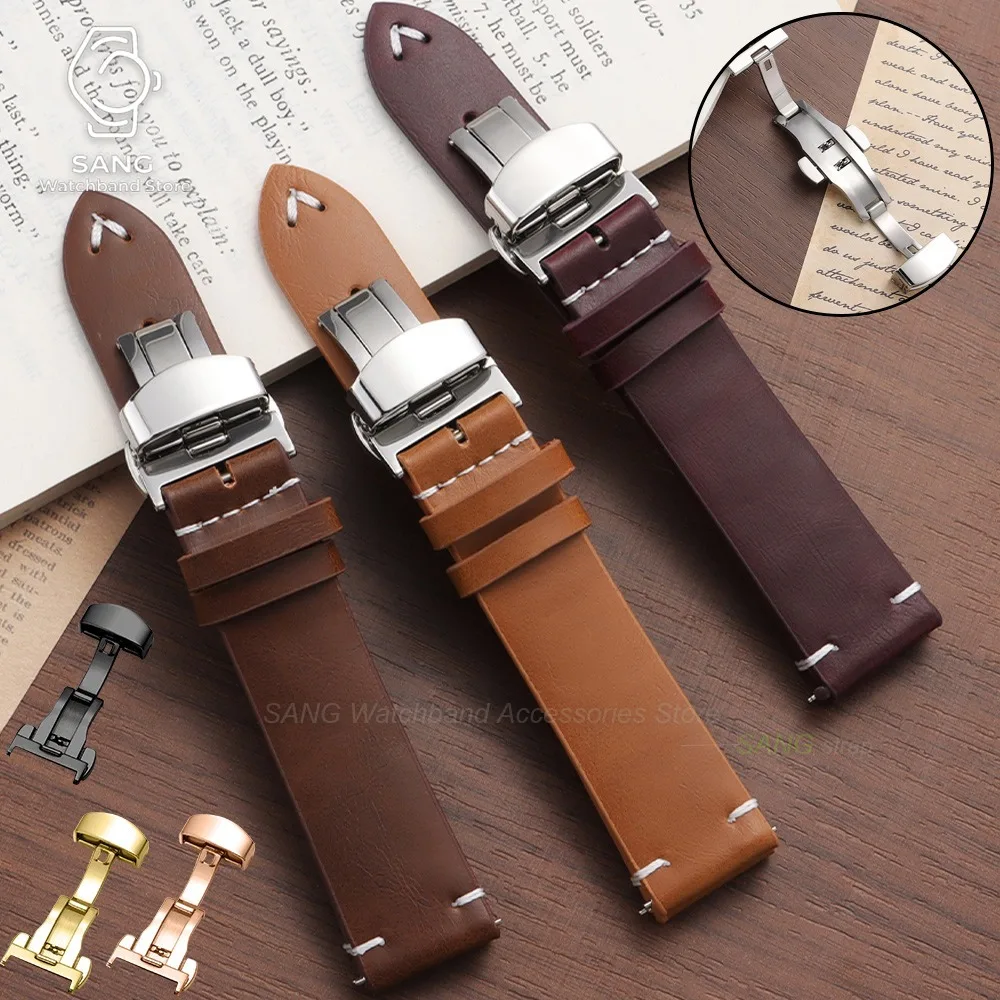 Elegant Black & Brown Leather Watchband with Stainless Steel Butterfly Clasp