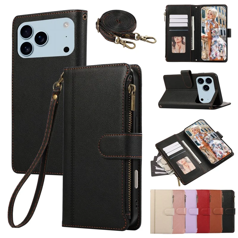 Zipper Leather Flip Wallet Phone Case with Lanyard and Card Holder