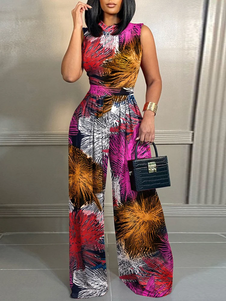 

2023 Women Summer Loungewear Printing Wide Leg Pants Jumpsuits Fashion Sleeveless Elegant Slim Fit Ladies Bodysuits Dropshipping