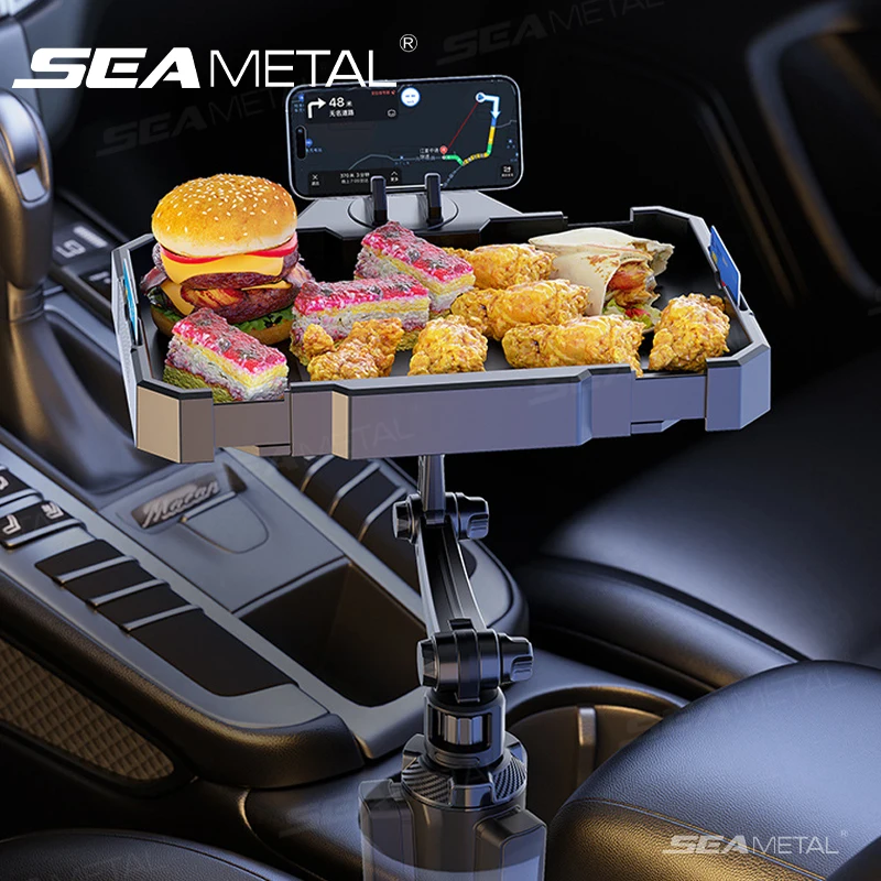 Adjustable Car Food Tray Cup Holder with 360 Rotation for Snacks and Drinks