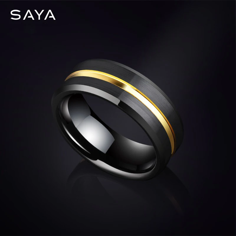 8mm Width Tungsten Men Rings for Wedding Black Gold Plating Groove Surface Design, Free Shipping, Customized gold color metal jewelry display stand women desk necklace rings earring stude organizer new design jewelrys porps rack