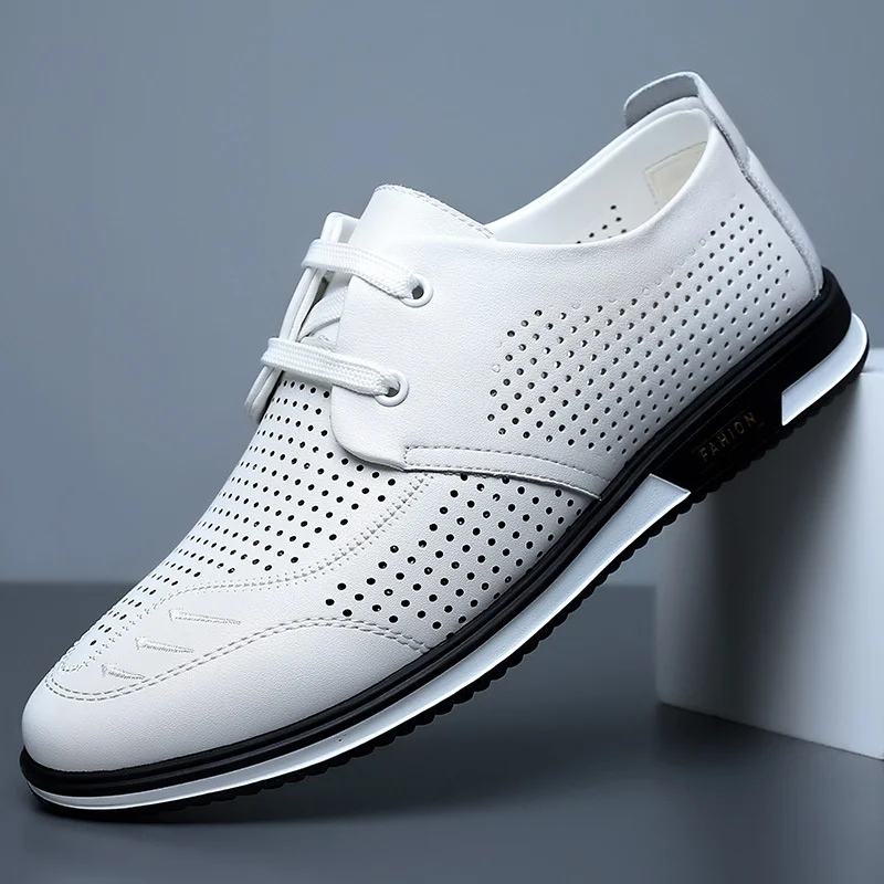 

New Hollow Sandals White Soft Soled Lace Up Men Genuine Leather Casual Walking Male Shoes Breathable Mesh Summer Lage Fashion