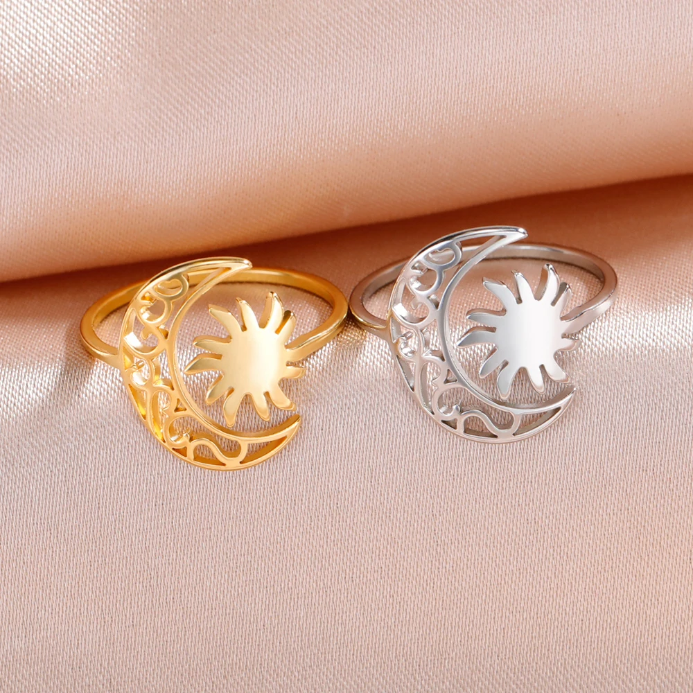 LIKGREAT Frauen Halbmond Sonne Edelstahl Ring verstellbare Fingerring Männer Hexe Amulett Schmuck ästhetische Hochzeits geschenk