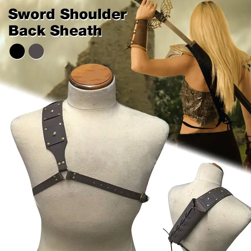 

New Medieval Retro Sword Shoulder Back Sheath Holder Medieval Punk Warrior Costume Rapier PU Leather Buckle Cosplay Props