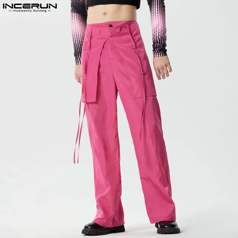 

INCERUN 2024, американский стиль, брюки, стильные мужские многослойные, имитация двух частей, дизайнерские длинные брюки, повседневные однотонные женские