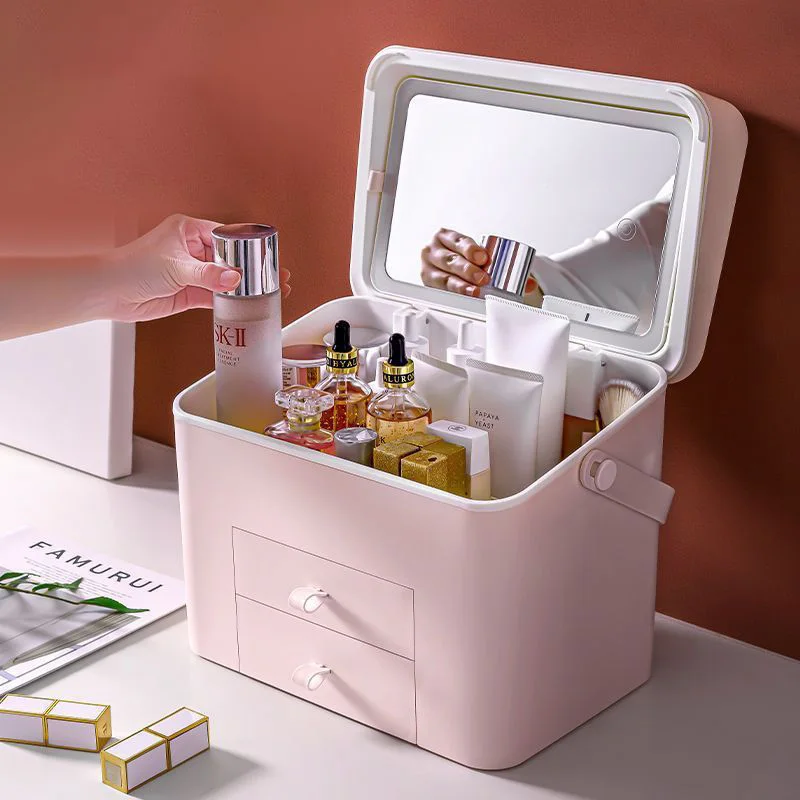 

Cosmetic Storage Box Makeup Organizers Portable Dustproof Waterproof Drawer Storage Box With Mirror Desktop Skincare Organizer