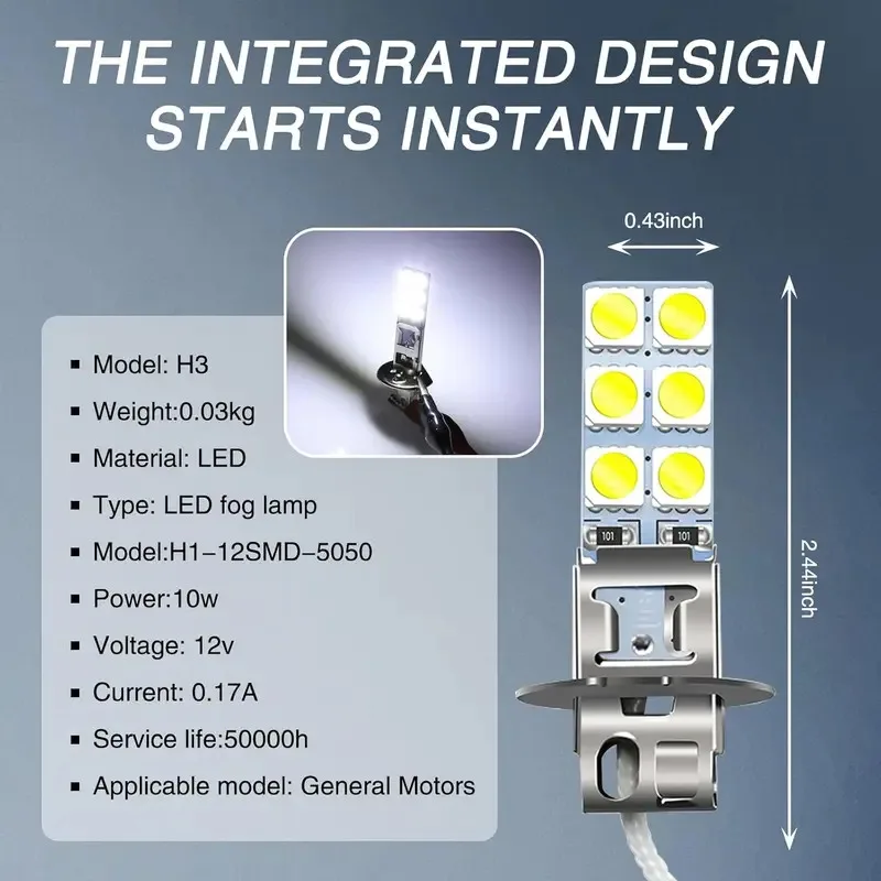 자동차용 H3 LED 안개등 2개 세트, 5050-12SMD, 55W, 6000K, 12V AC, 뛰어난 침투력으로 안개와 싸우도록 설계됨