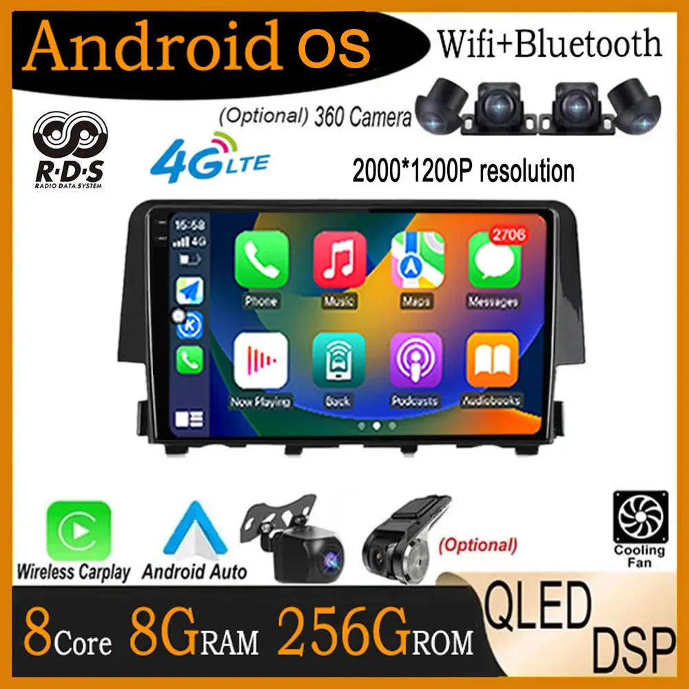 

Автомагнитола для Honda Civic 10, 2016, 2017, 2018, 2019, 2020, Android 14, стерео, мультимедийный видеоплеер, головное устройство с GPS для Carplay