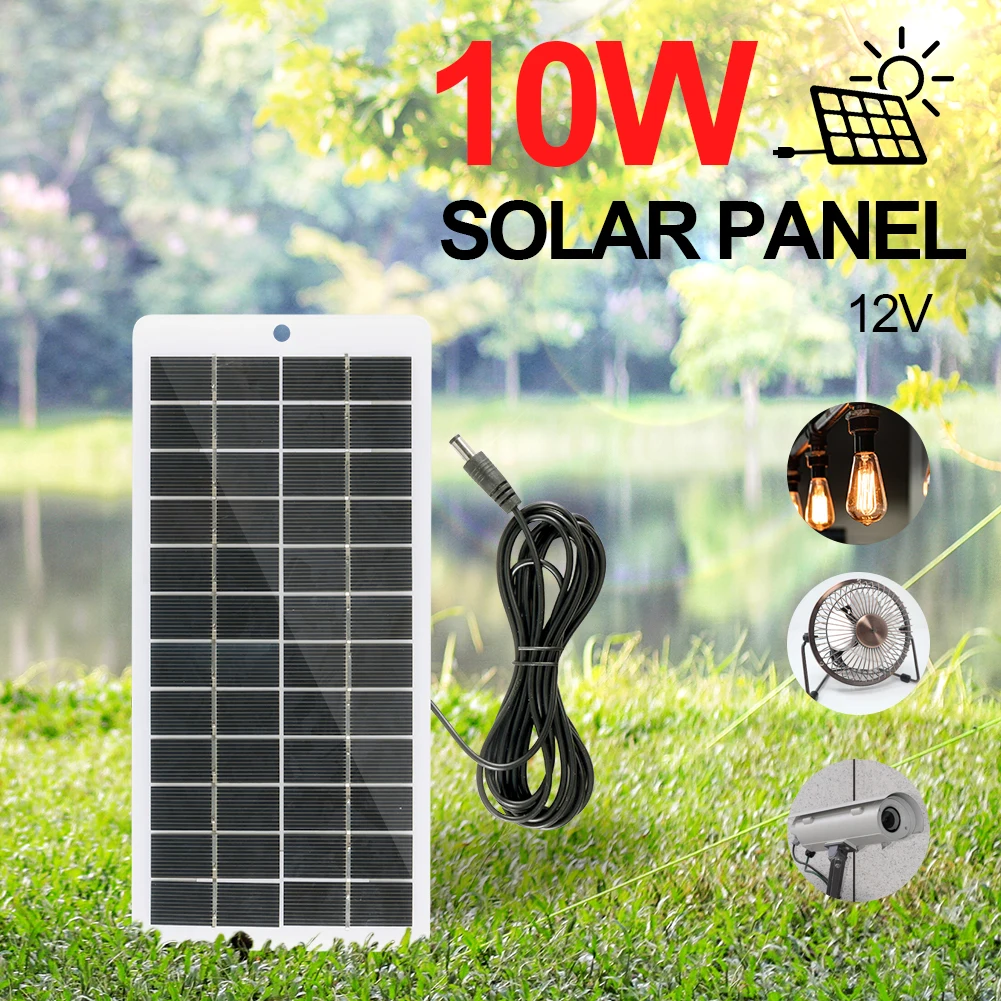 12V Solar Panel Polysilicon 10W Solar Charger EVA Laminated Solar Power Bank with DC Port Carabiner for 3.7V Battery/Garden Lamp