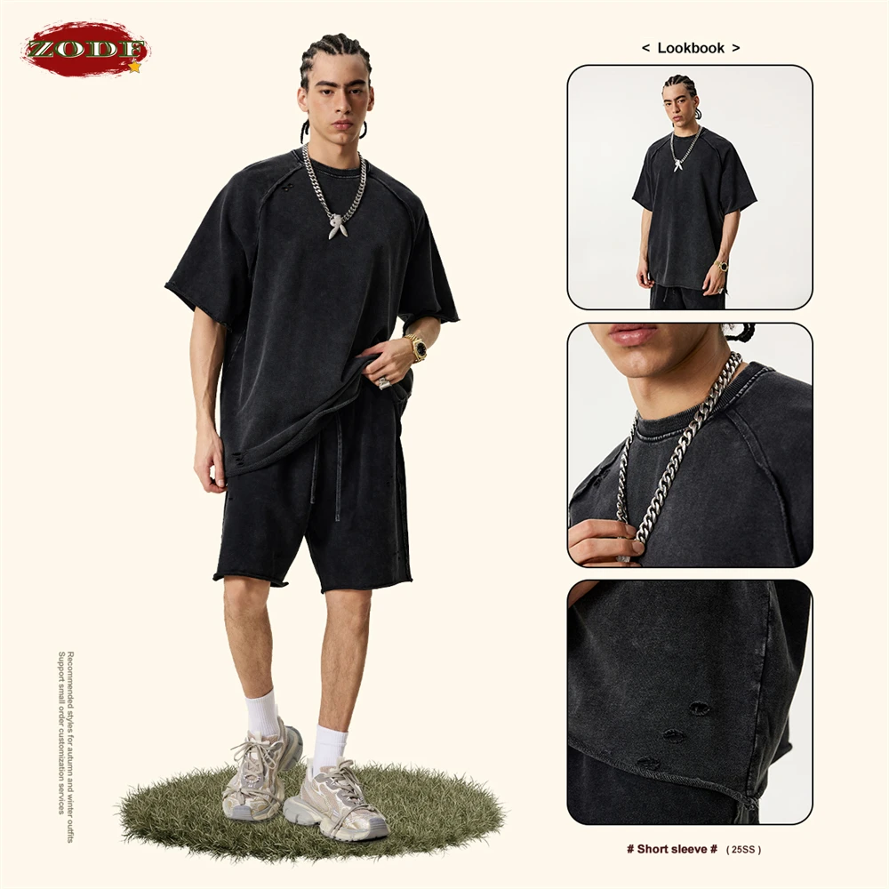 ZODF 2025 Men Summer Heavy Weight Washed 330gsm Cotton T-shirt Unisex High Street Distressed Holes Oversized T Shirts Tee HY0984 4