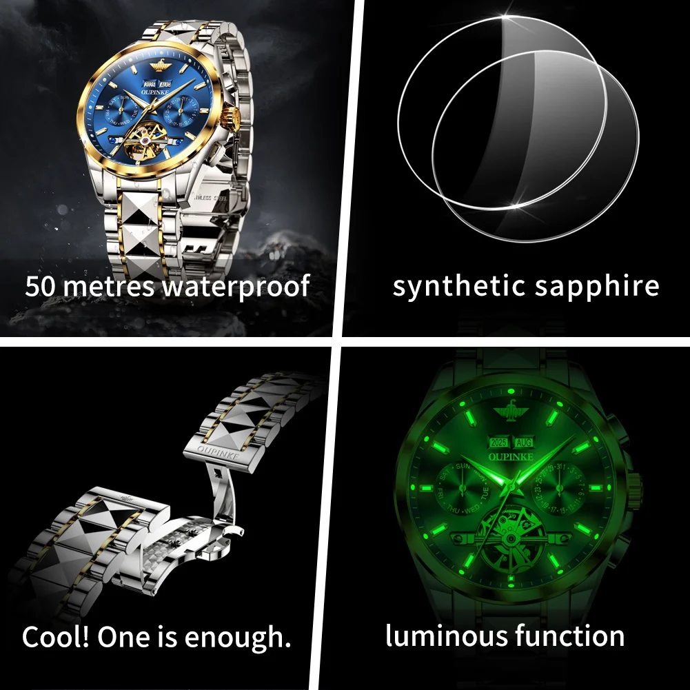 OUPINKE 3290 Automatic Man Watch Hollow Skeleton Business Mechanical Watch For Men Week Date Display Waterproof Men's Wristwatch