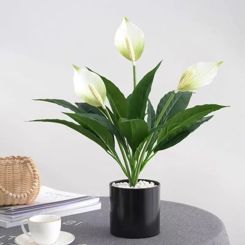 Yannew 4 Stück künstliche Blumen Spathiphyllum für den Außenbereich, UV-beständige Seidenpflanzen, Grün, Bonsai, Garten, Veranda, Heimdekoration – Detail 4