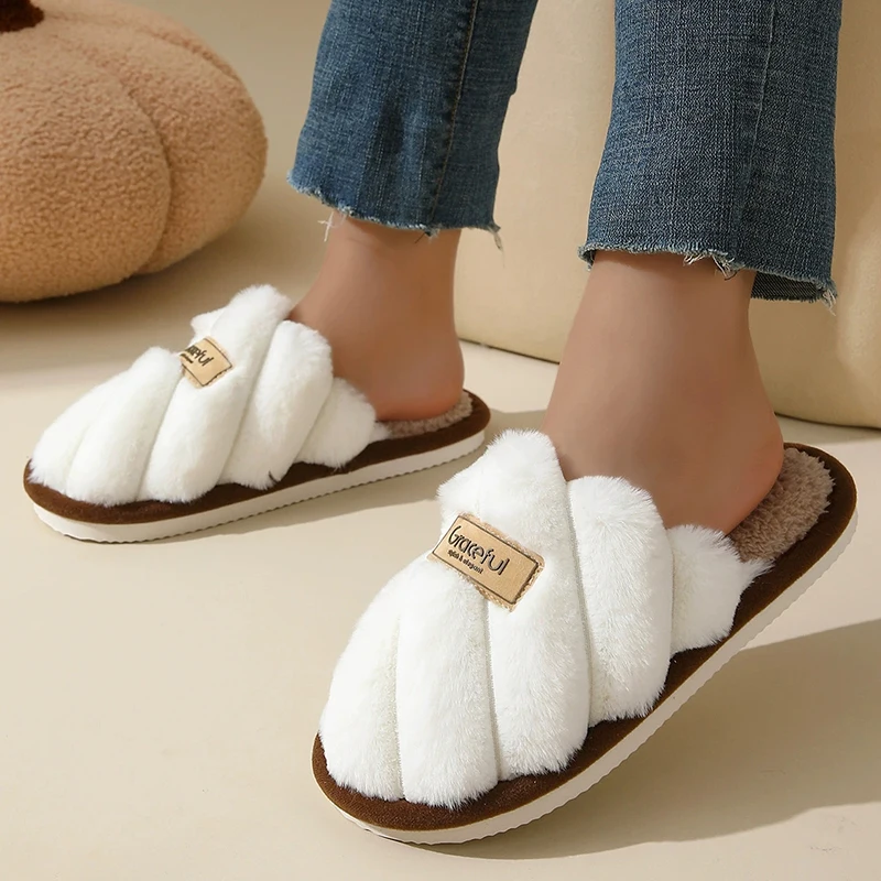 Flat Heel Home Cotton Slippers Women Pink Soft Fluffy Warm Fur Slippers Woman Winter Light Closed Toe Living Room Shoes Female