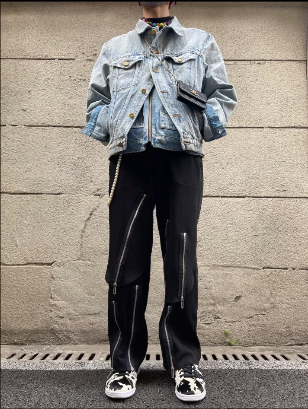S-4XL!!2023 youth popular loose casual solid color youth black pants non-slim-fit men's pants trend 2 layers multi-zipper