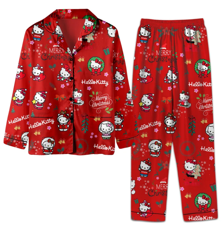 

Sanrio Kawaii Girls' Casual Pajama New Christmas Hello Kitty Y2k Women's Home Pajamas Set Printed Kt Cat Pants Long Sleeve Gifts