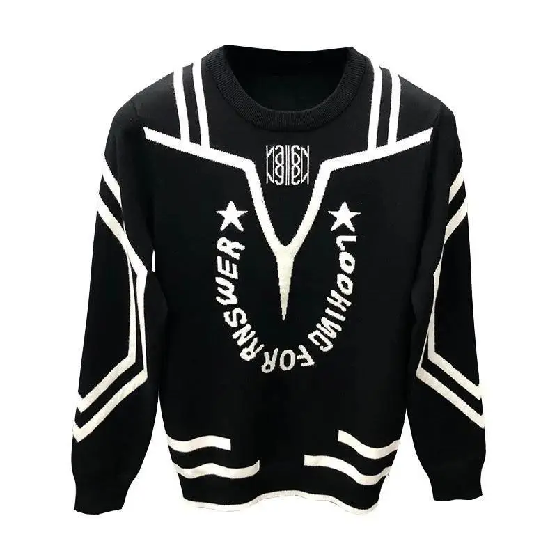 Autumn and Winter Men's Crewneck Trendy Brand Letter Color-block Sweater Korean Fashion Trendy Knitted Shirt Top