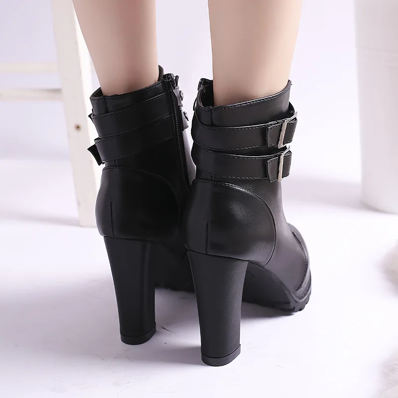 Winter Autumn Women Motorcycle Ankle Boots Chunky heel Female Lace Up Platforms Black Leather Oxford Shoes Woman Red Boots