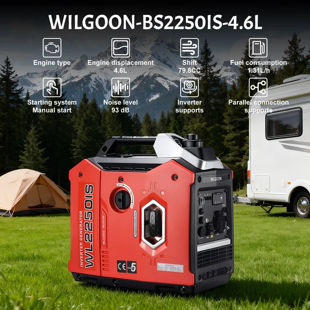 Générateur à essence monocylindre quatre temps refroidi par air, portable pour le camping et les camping-cars, 2000W, plus silencieux, cylindrée 80cc 1
