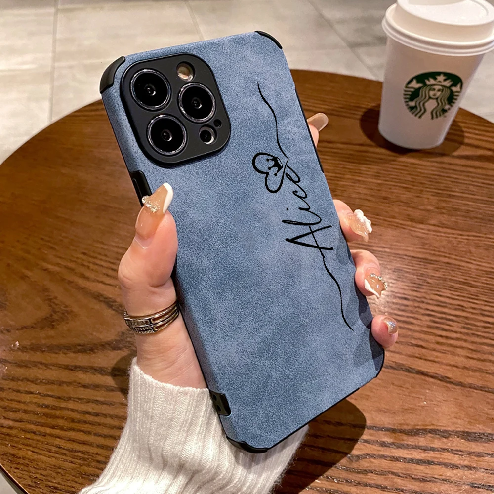 thumbnail image 1 of Personalised Custom Name Luxury Shockproof Matte Leather Phone Case for iPhone 14 13 12 11 Pro X XR XS Max 7 8 Plus Soft Cover, 1 of 5