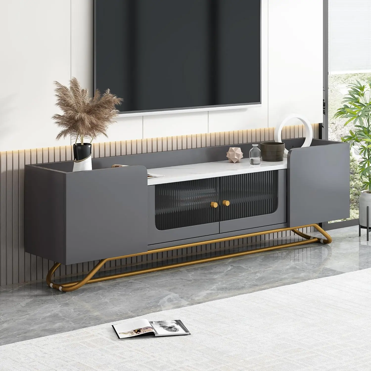 

Modern TV Stand for 70"+ TV, Faux Marble TV Console with Glass Doors & 3 Cabinets, Fluted Entertainment Center w/ Ample Storage