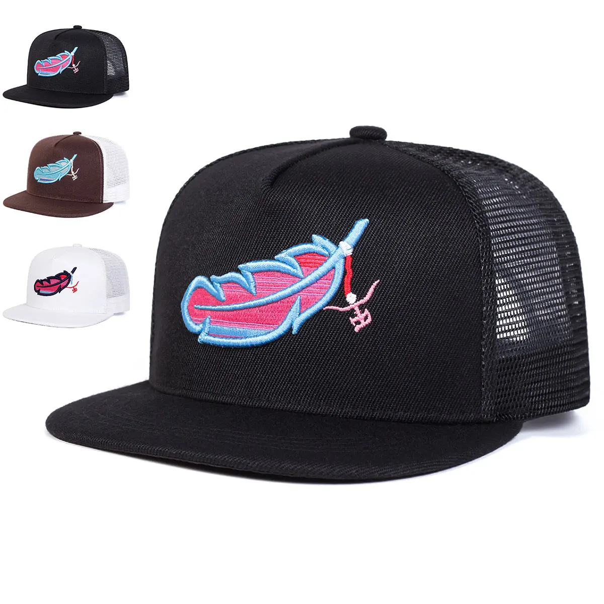 Unisex bunte Hip-Hop-Netzhüte mit Federstickerei für Frühling und Sommer, verstellbare, lässige Baseballkappen für den Außenbereich, Sonnenschutzhut – Detail 1