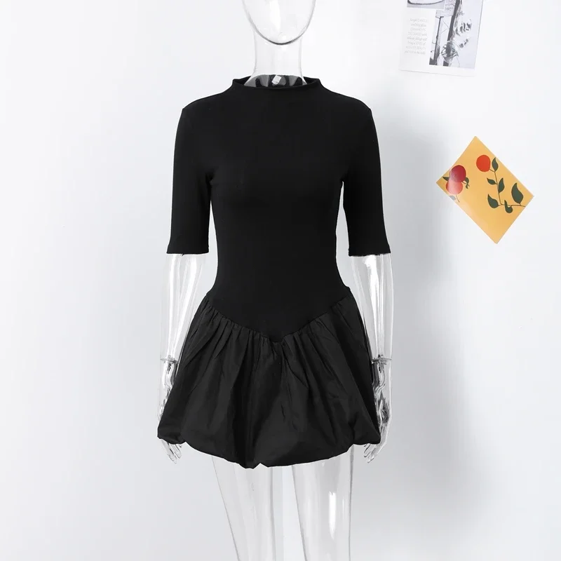 Elegant Knitted Patchwork Brown A-line Dress Women O-neck Short Sleeves Pleated Ruffles Mini Dresses 2025 Lady Solid Vestidos