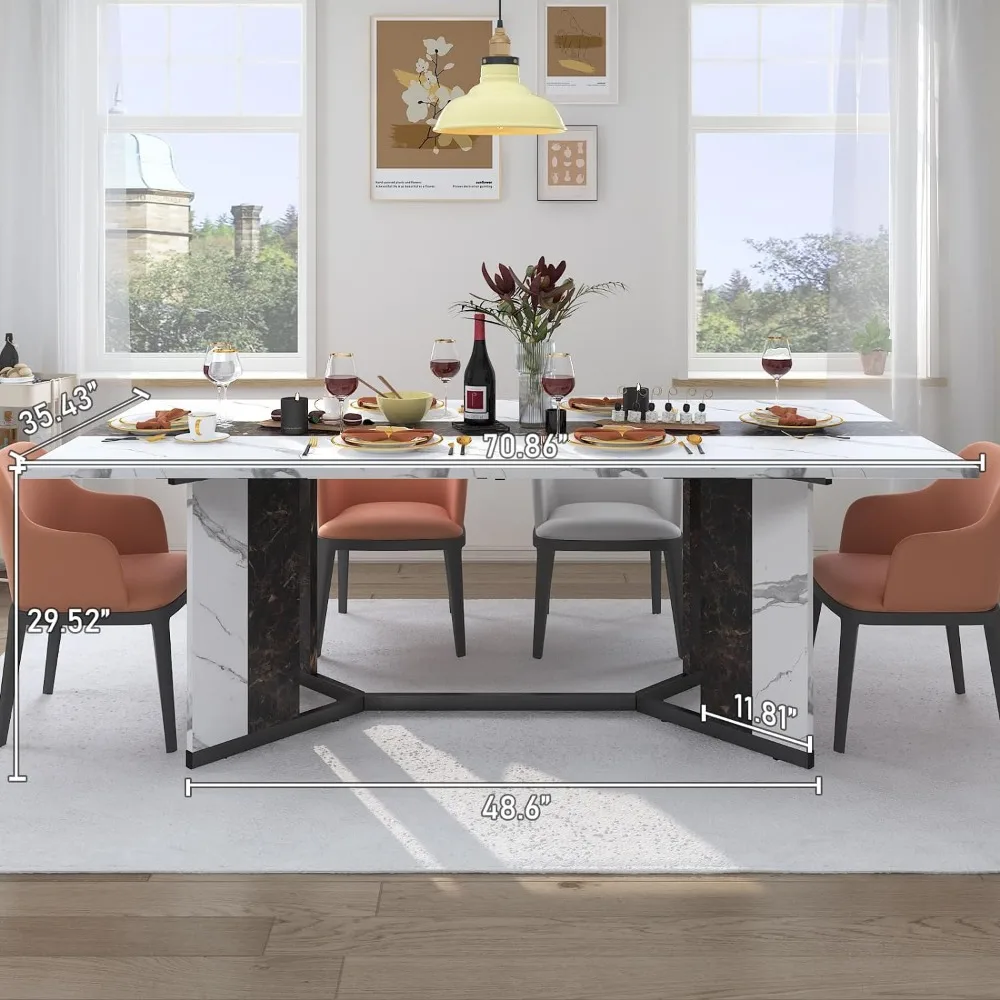 Dining Table Sets,71In Rectangular White Dining Table W/35 Marble-Color Wood Watrproof Tabletop,Living Room Dinings Set