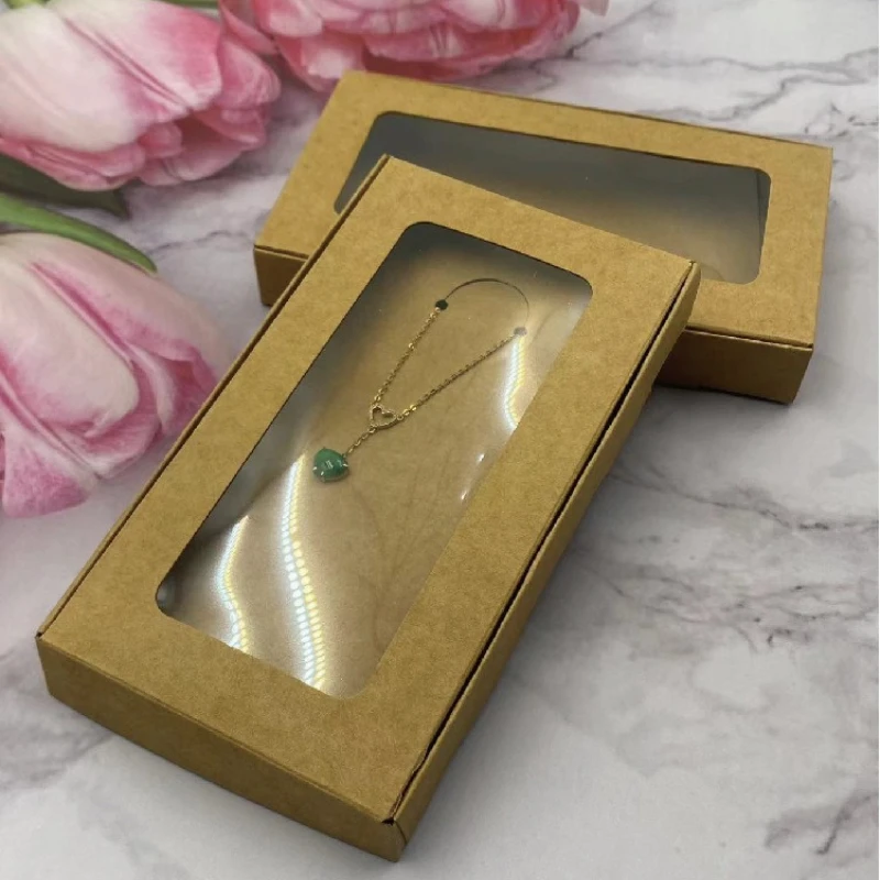 20 Stück Kraftpapier-Geschenkbox, transparent, mit Fenster, Halskette, Anhänger, Schmuck, Verpackung, faltbar, geeignet für die Feiertagsgeschenk – Detail 1