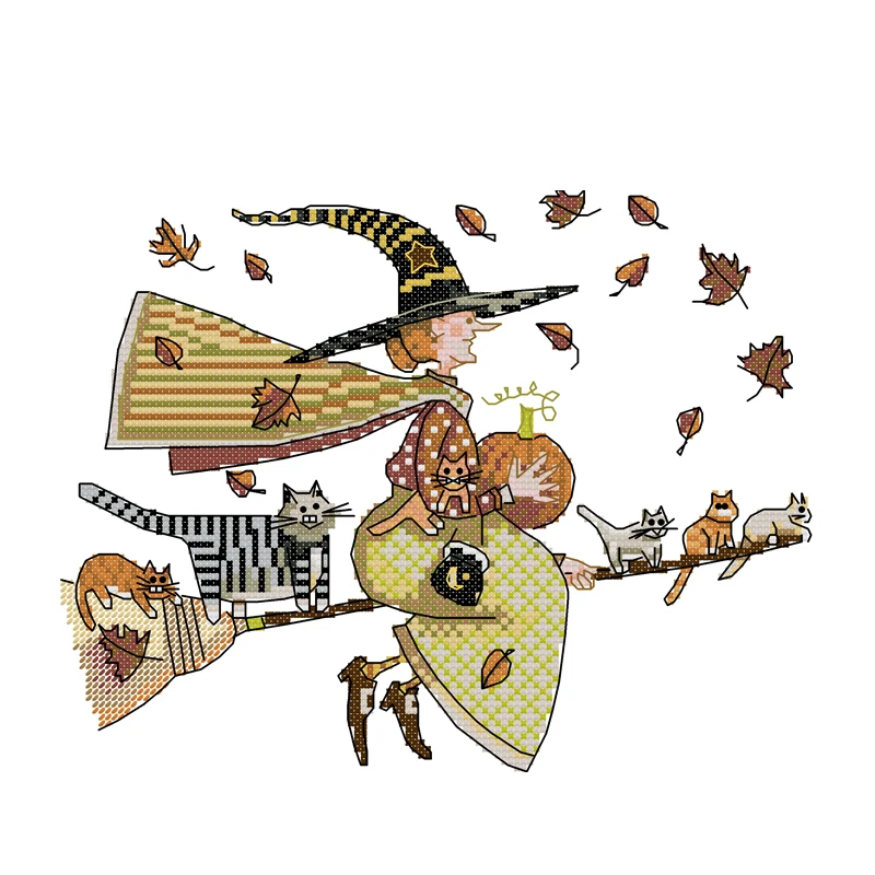 Joy Sunday Cross Stitch Kit Witch and Cat 11CT 14CT Printed Cross Stitch Embroidery Kit Set Crosstitch Needlework DIY Craft