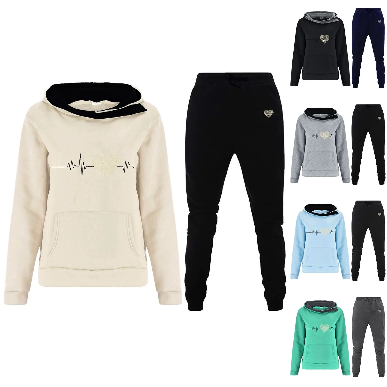 Women Fleece Tracksuit Autumn Winter Heartbeat Printed Hooded Sweatshirt Elastic Waist Sweatpant Thicken Thermal Fit Hoodie Sets