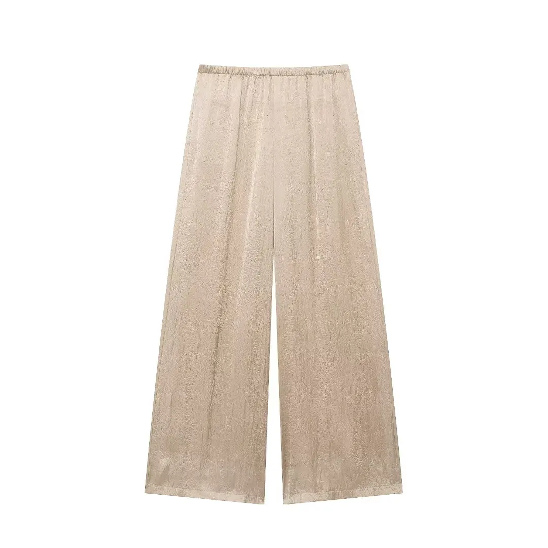 HH TRAF Pantalones de mujer con bolsillos sueltos, cintura elástica, cintura alta, pierna ancha, lisos, textura satinada, efecto arrugado, pantalones para mujer