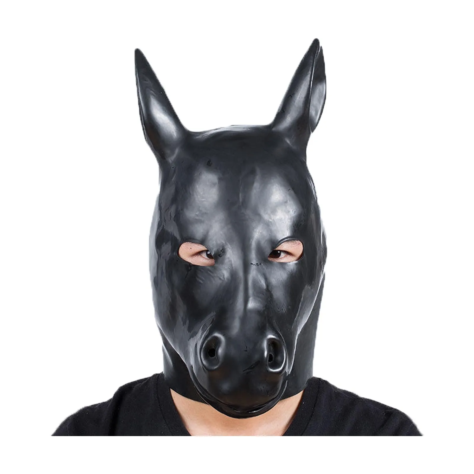 

MONNIK Latex Model Horse Head Tie-up Suit Black Face Mask Hood Black for Fetish Party Cosplay Bodysuit