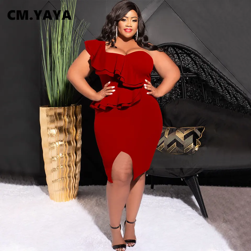 CM.YAYA Plus Size Women Ruffles Shoulder Sleeveless Bodycon Midi Dress 2023  Fashion INS Curve Sexy Party Club Dresses Vestidos