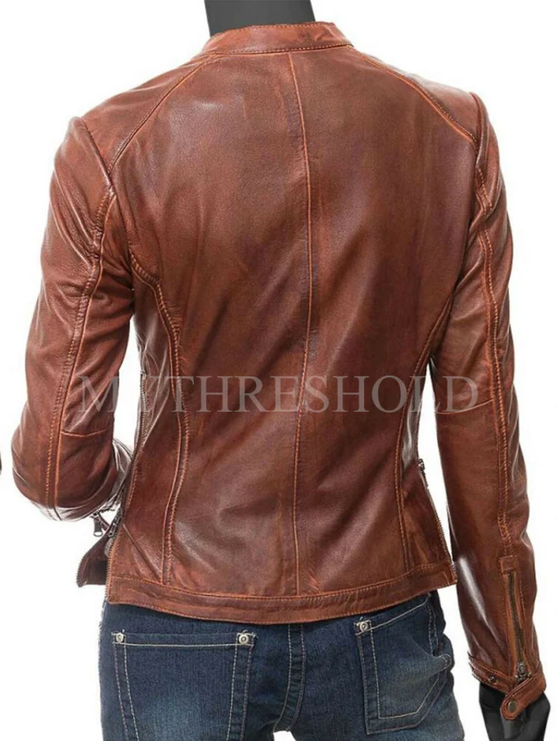 Womens Biker Motorcycle Vintage Brown Stylish Genuine Real Leather Jacket