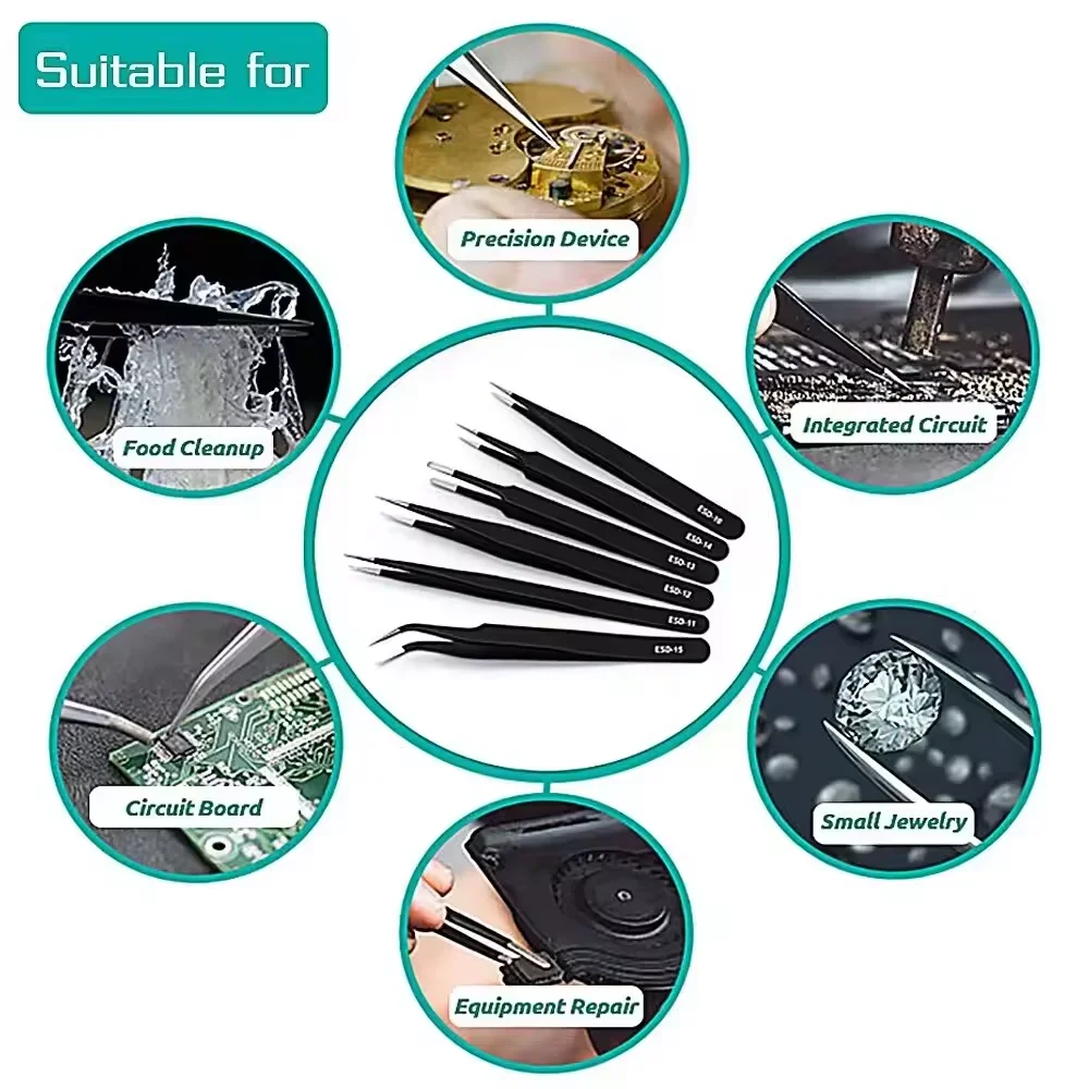 Precision Tweezers Set 6 Pcs Anti-Static ESD Tweezer Stainless Steel Repair Tools for Electronics Soldering Model Jewelry Makin