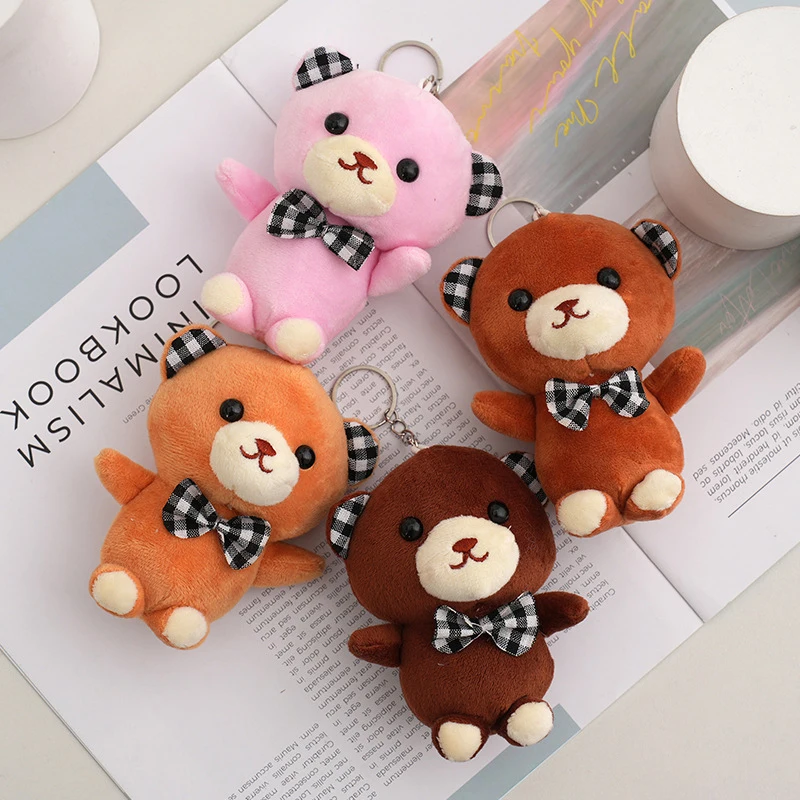 

Cute Checkered Bowtie Little Bear Plush Stuffed Doll Toys Pendant Key Chain Backpack Decoration Gifts