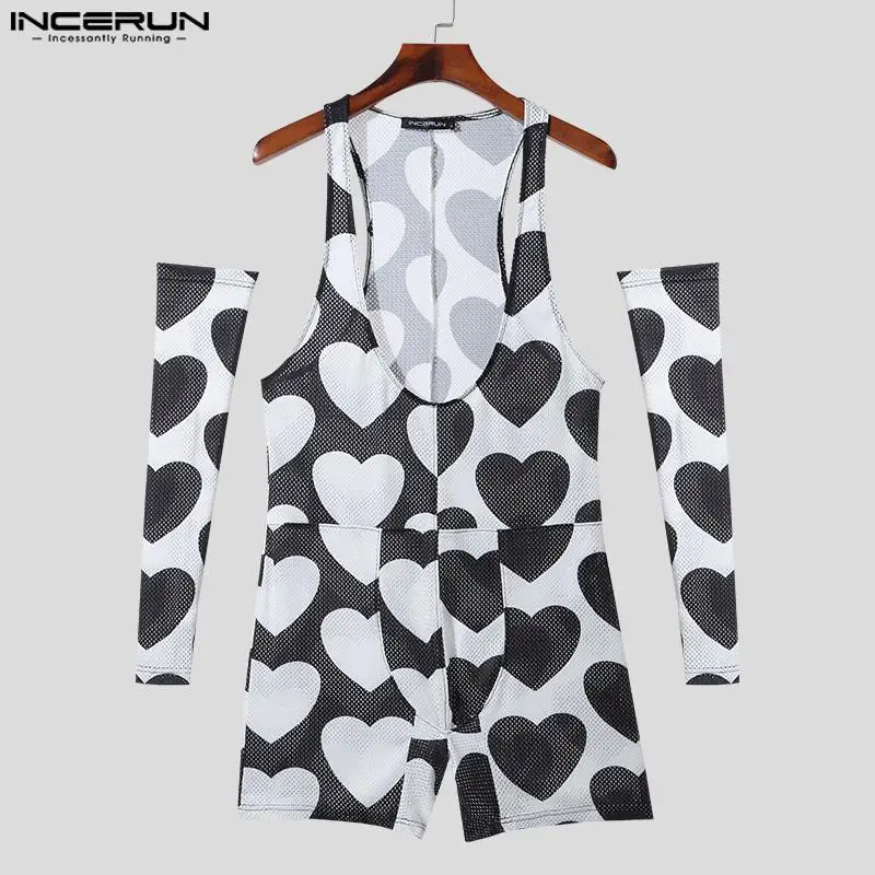 INCERUN 2023 Sexy Men's Bodysuits Love Printing Sleeve Design Jumpsuits Fahsionable Homewear Flat angle Sleeveless Rompers S-3XL