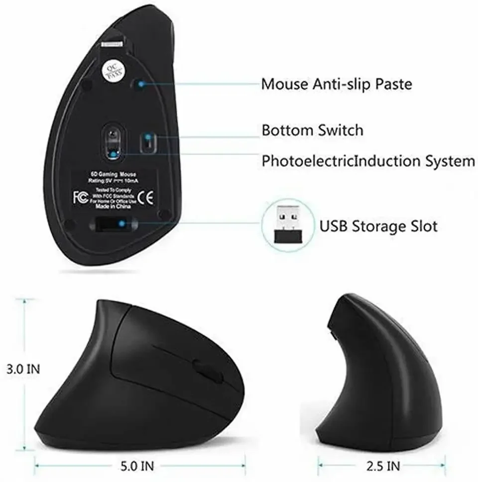 Vertikale ergonomische kabellose wiederaufladbare Gaming-Maus (optisch, 2,4 GHz) für Computer, PC, Laptop und Desktop (USB)_voghion.com