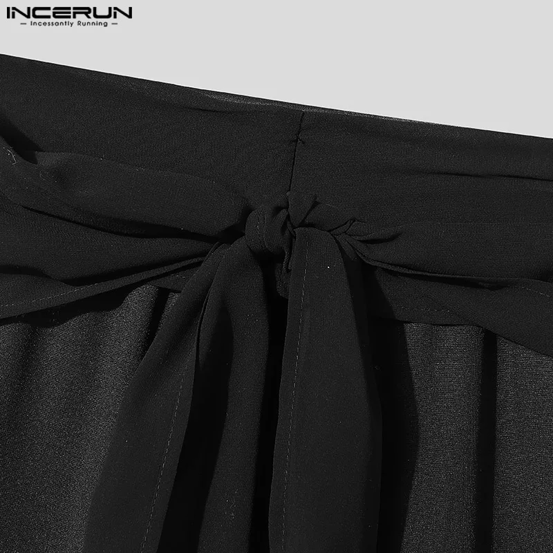 INCERUN Men Casual Long Pants 2024 Streamers Belt Mesh Splicing Trousers Hansome Male Wide Leg Bottoms Simple See Through Pants 5