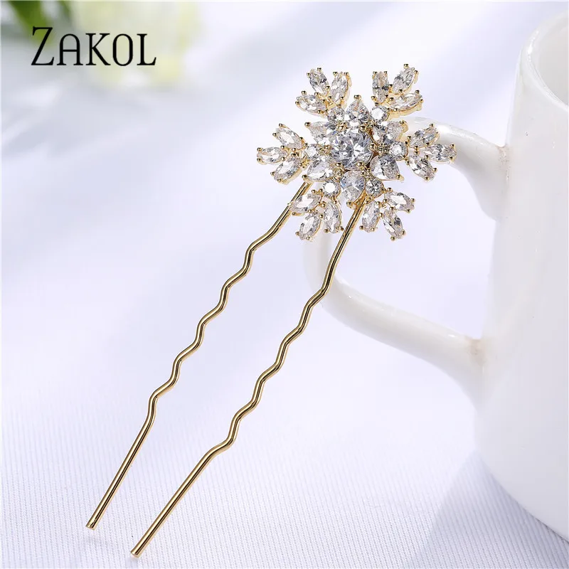 ZAKOL Fashion Snowflower Teardrop Hair Pins with Crystal Zirconia for
