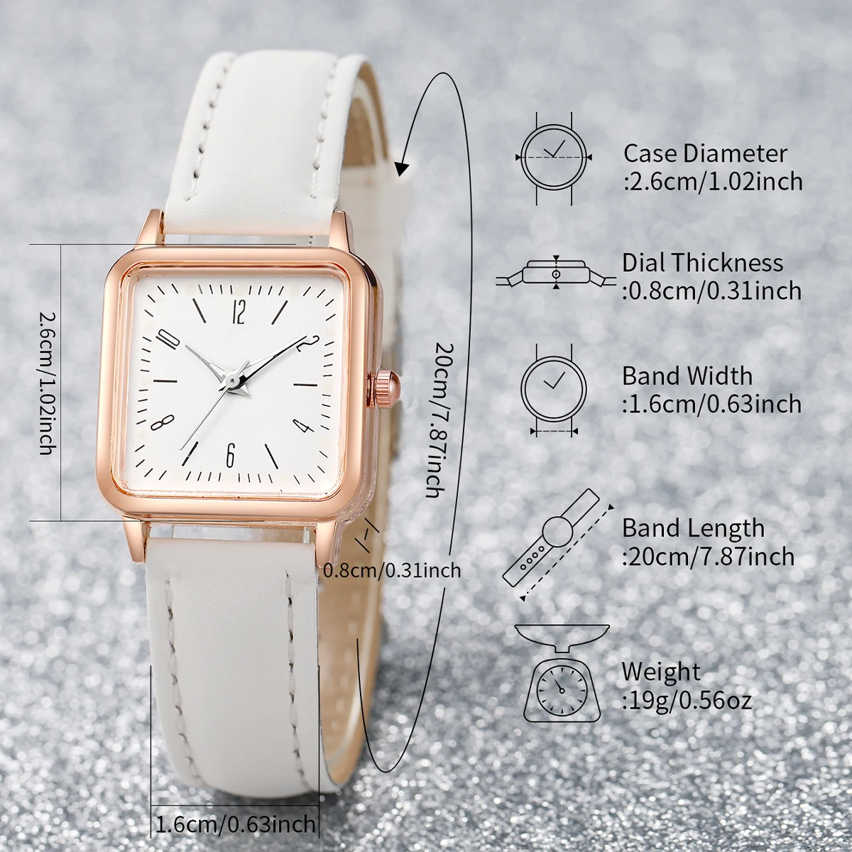2PCS/set Fashion White Leather Strap Square Quartz Watch with Pearl Bracelet for Women 4