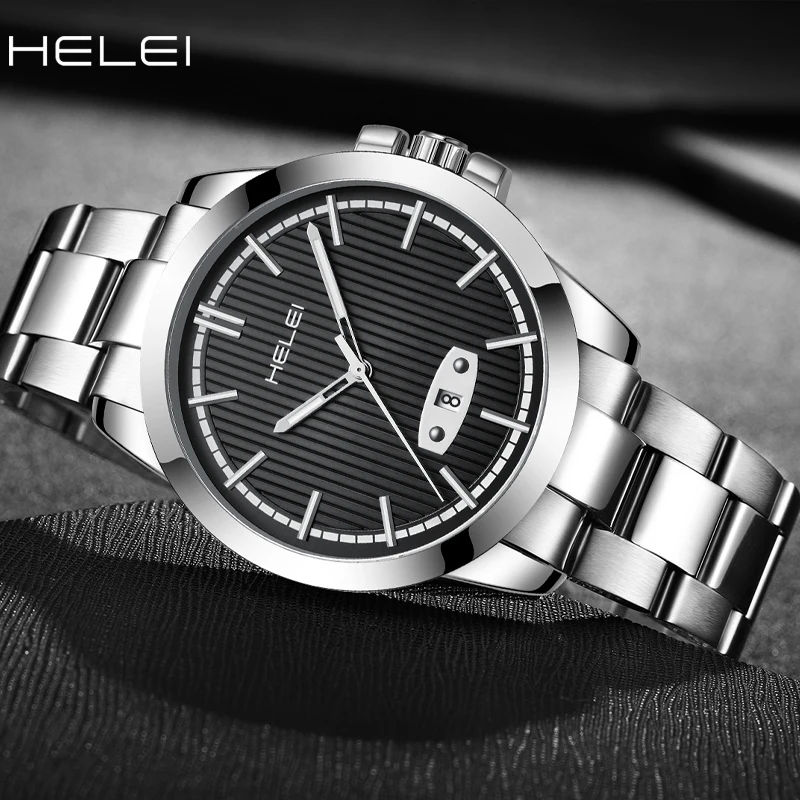 HELEI2024 Classic Men's Quartz Watch Mineral Hardened Glass Date Display Stainless Steel Quartz Watch Waterproof Men's Watch