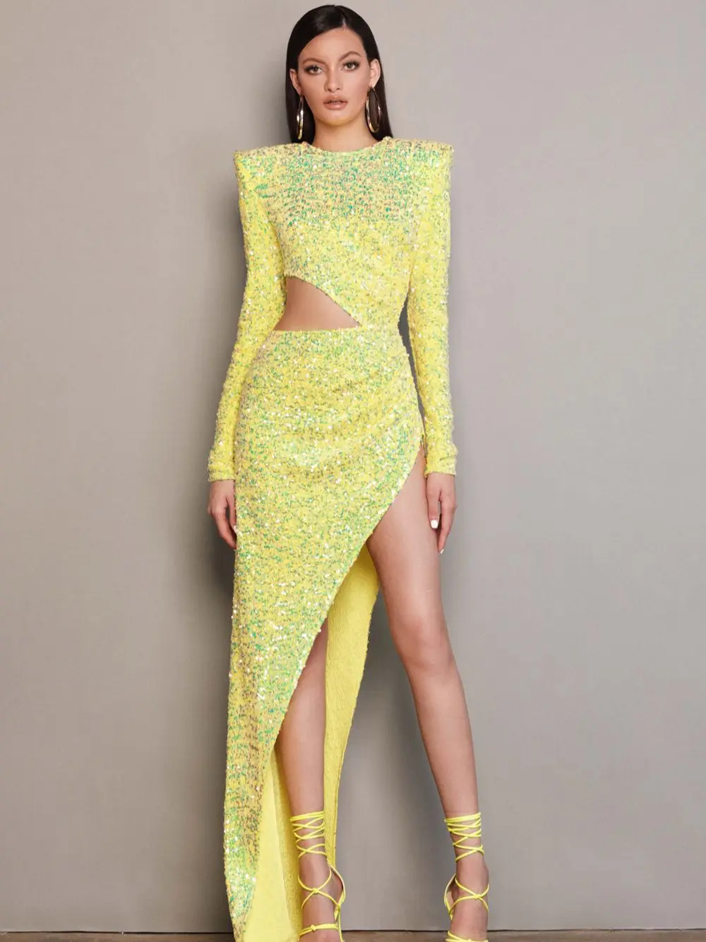 

2023 New Women Sexy Long Sleeve Off The Waist Sequin Bright Yellow Irregular Long Dress Elegant Evening Party Club Dress