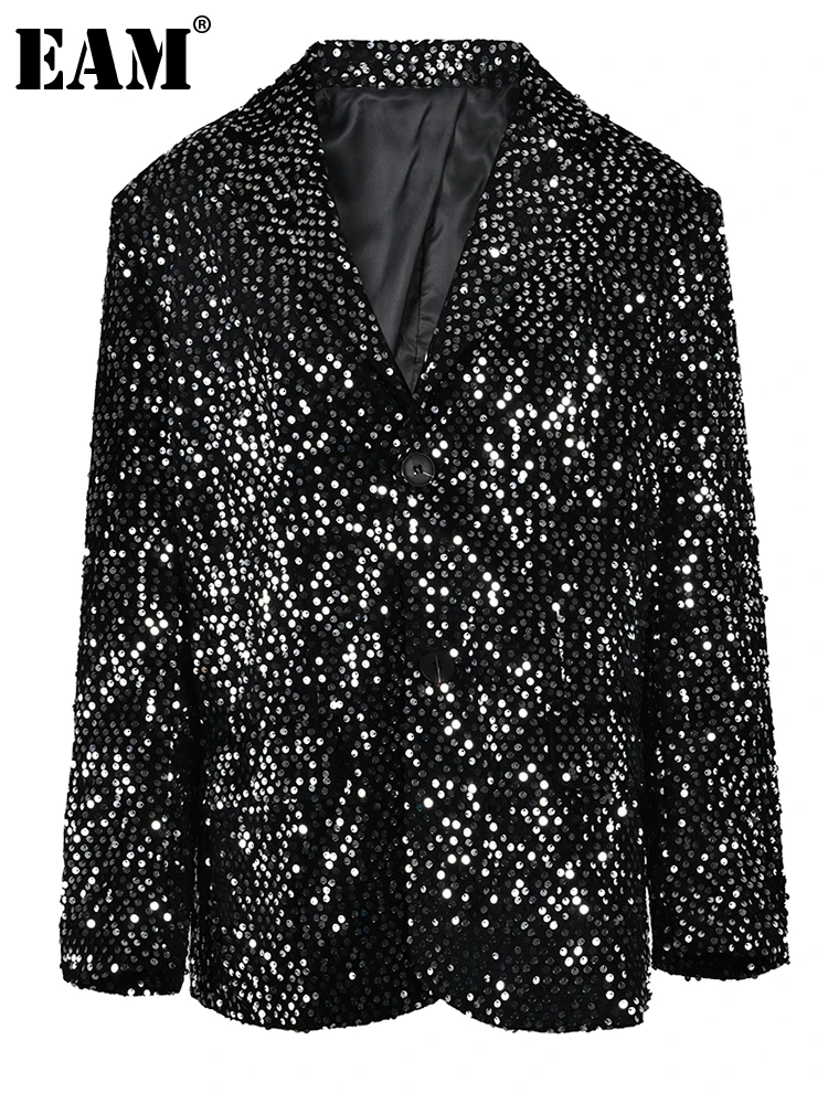 

[EAM] Women Black Sequins Shining Big Size Blazer New Lapel Long Sleeve Loose Fit Jacket Fashion Spring Autumn 2024 CPG0019