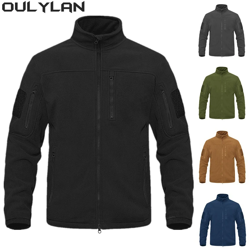 

Oulylan Full Zip Up Tactical Green Fleece Jacket Thermal Warm Work Coats Mens Pockets Safari Jacket Hiking Outwear Windbreaker