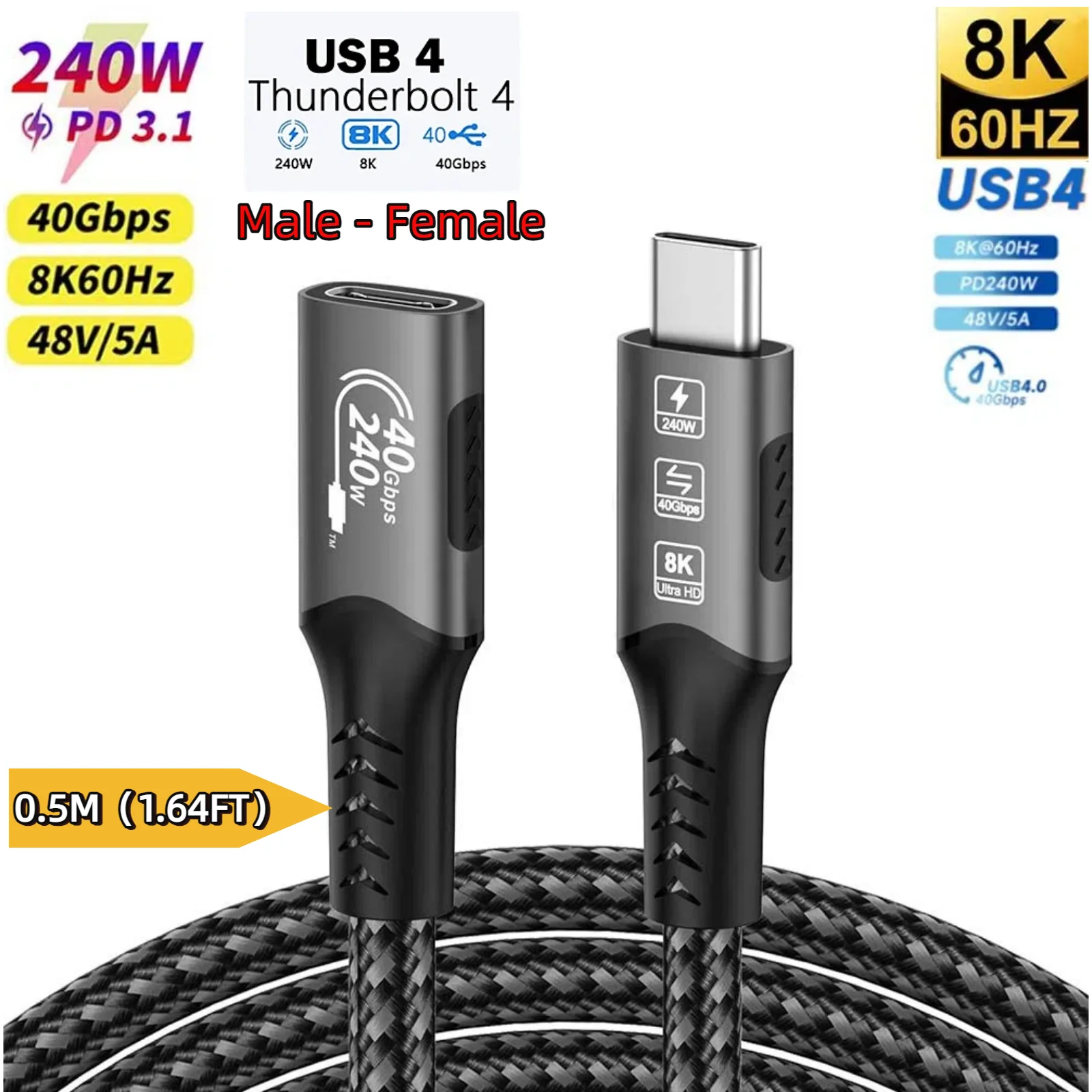 Ultra-Fast Thunderbolt 4 USB4 Extension Cable with 8K Video and PD240W Charging