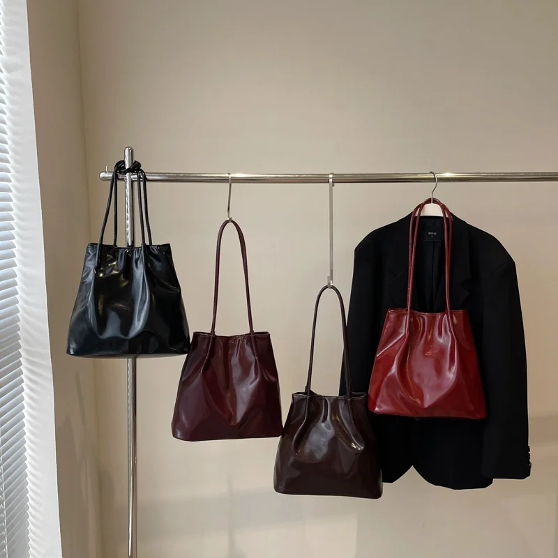 Women PU Fashion Shoulder Bag Large Capacity Simple Bucket Underarm Bag Solid Color Tote Bag For Daily Work Bag