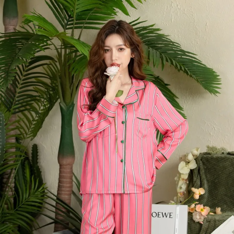 Spring and Autumn New Light Luxury Style Pajamas Women's Long sleeved Pants Home Fury Striped Ice Silk Outwear Set