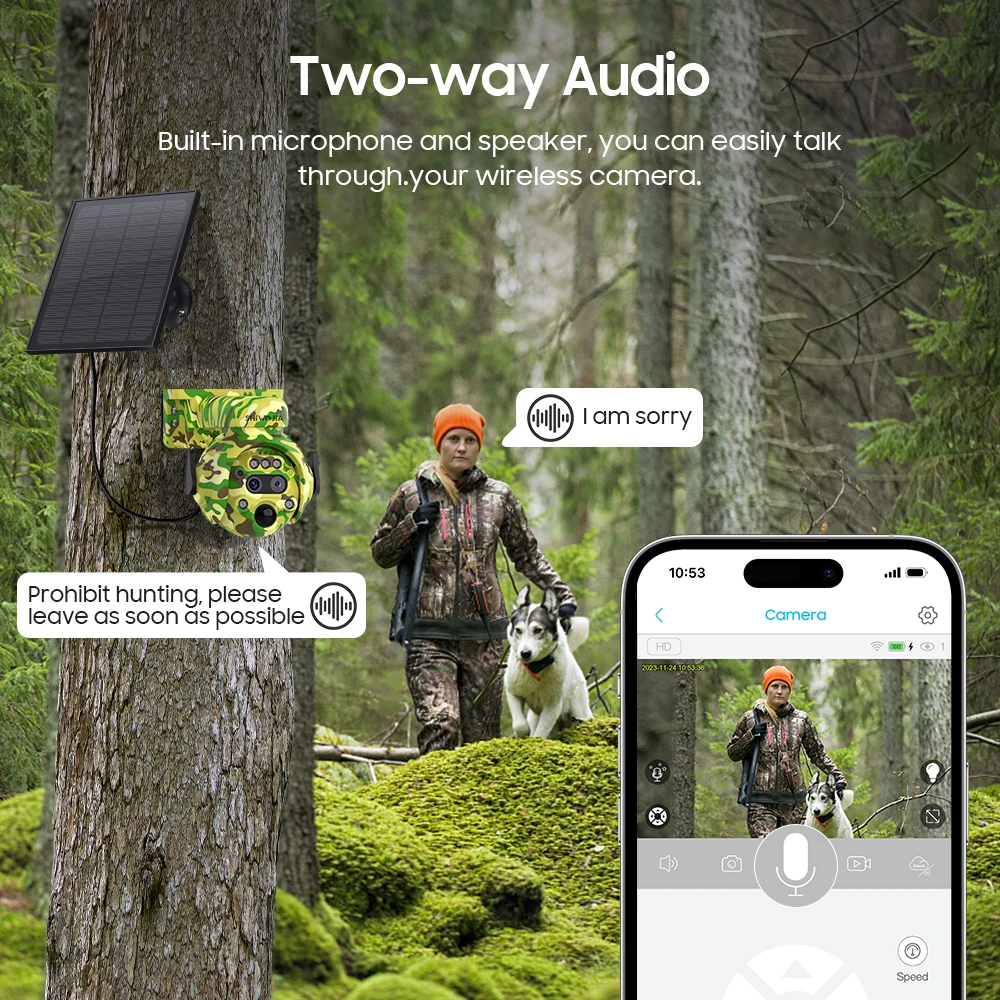 SHIWOJIA 3K 6MP 12X Zoom 4G/WIFI Solar Camera PIR Human Detection Camouflage Outdoor 360°For Hunting Camera 5W Built-in 7800mAh