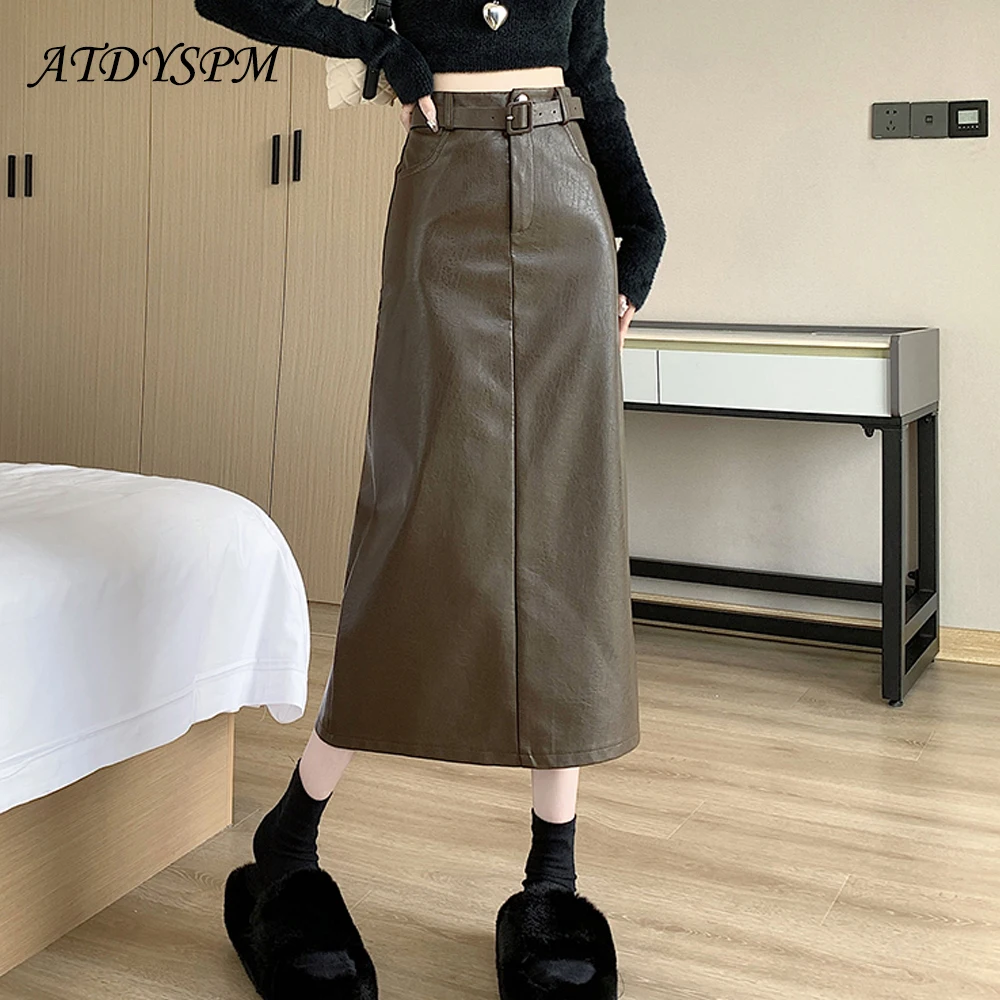 

Elegant Belt PU Leather Skirt Women 2023 New Sexy Slit High Waist Bodycon Wrap A-Line Skirts Office Lady Straight Long Skirt
